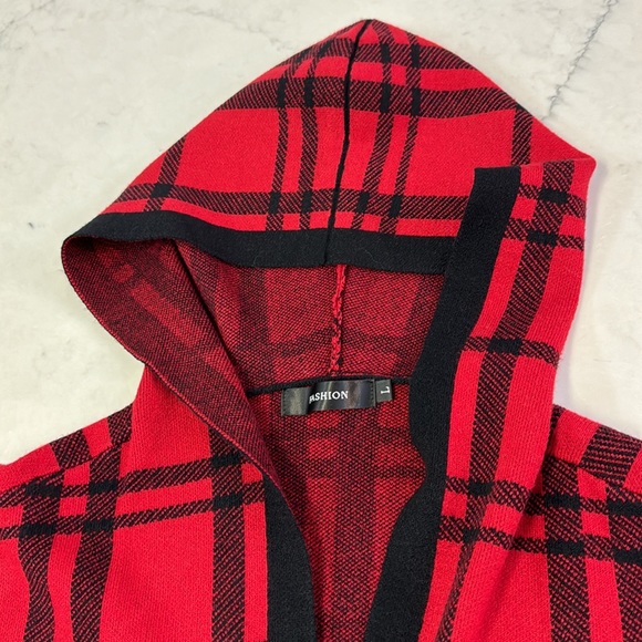 Fashion Open Front Long Red Sweater with Hood Size Large - Picture 7 of 9